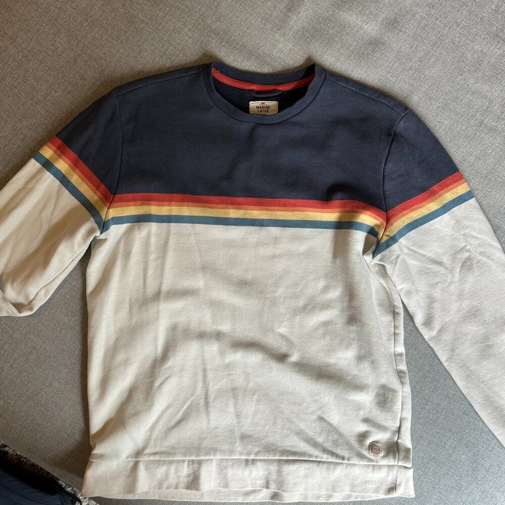 Marine Layer Navy, White & Rainbow-Striped Crewneck Sweatshirt